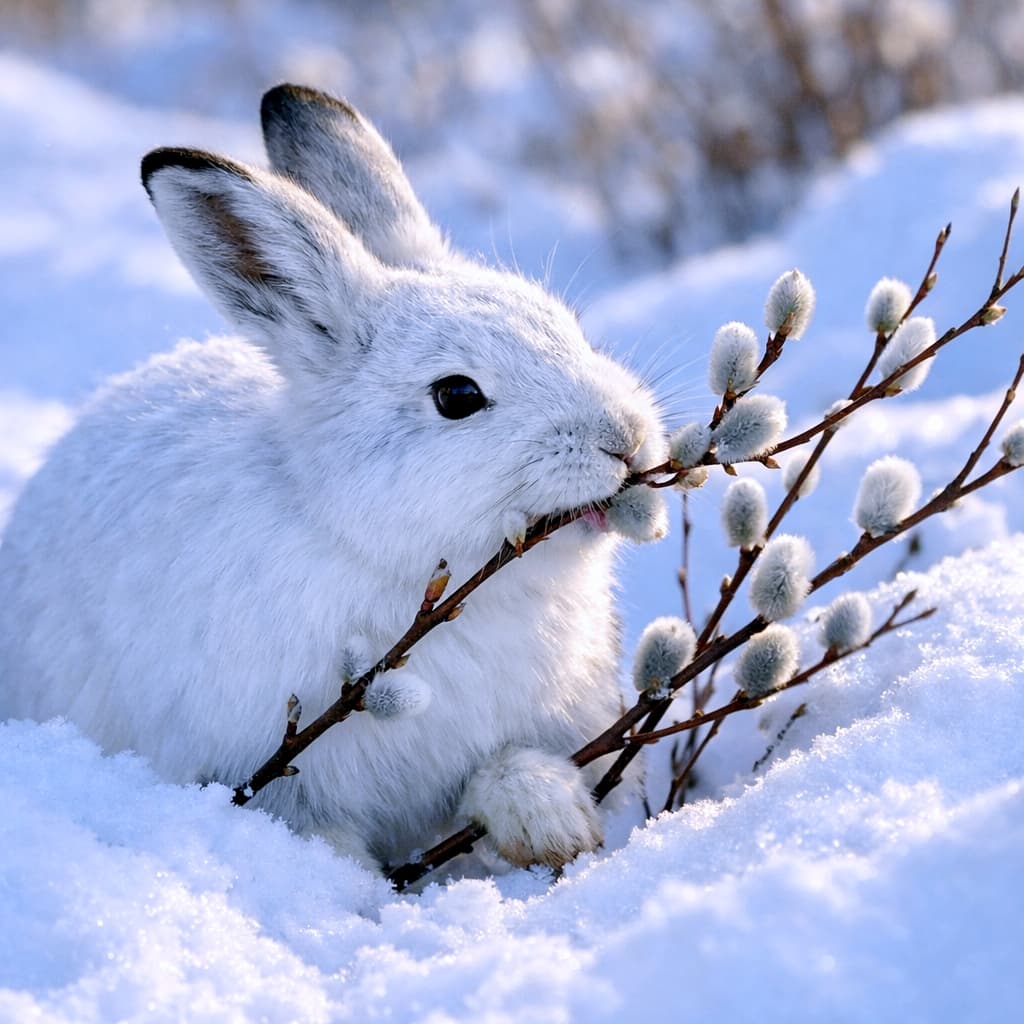 「もぐもぐタイムは真冬でも全力。雪原の中、エゾユキウサギの静かなごちそう時間」Ezo snow hare nibbling willow twigs in deep snow, illuminated by gentle winter sunlight, photorealistic. 深い雪の中でヤナギの小枝をかじるエゾユキウサギ。やわらかな冬の日差しに包まれた写実的な描写
