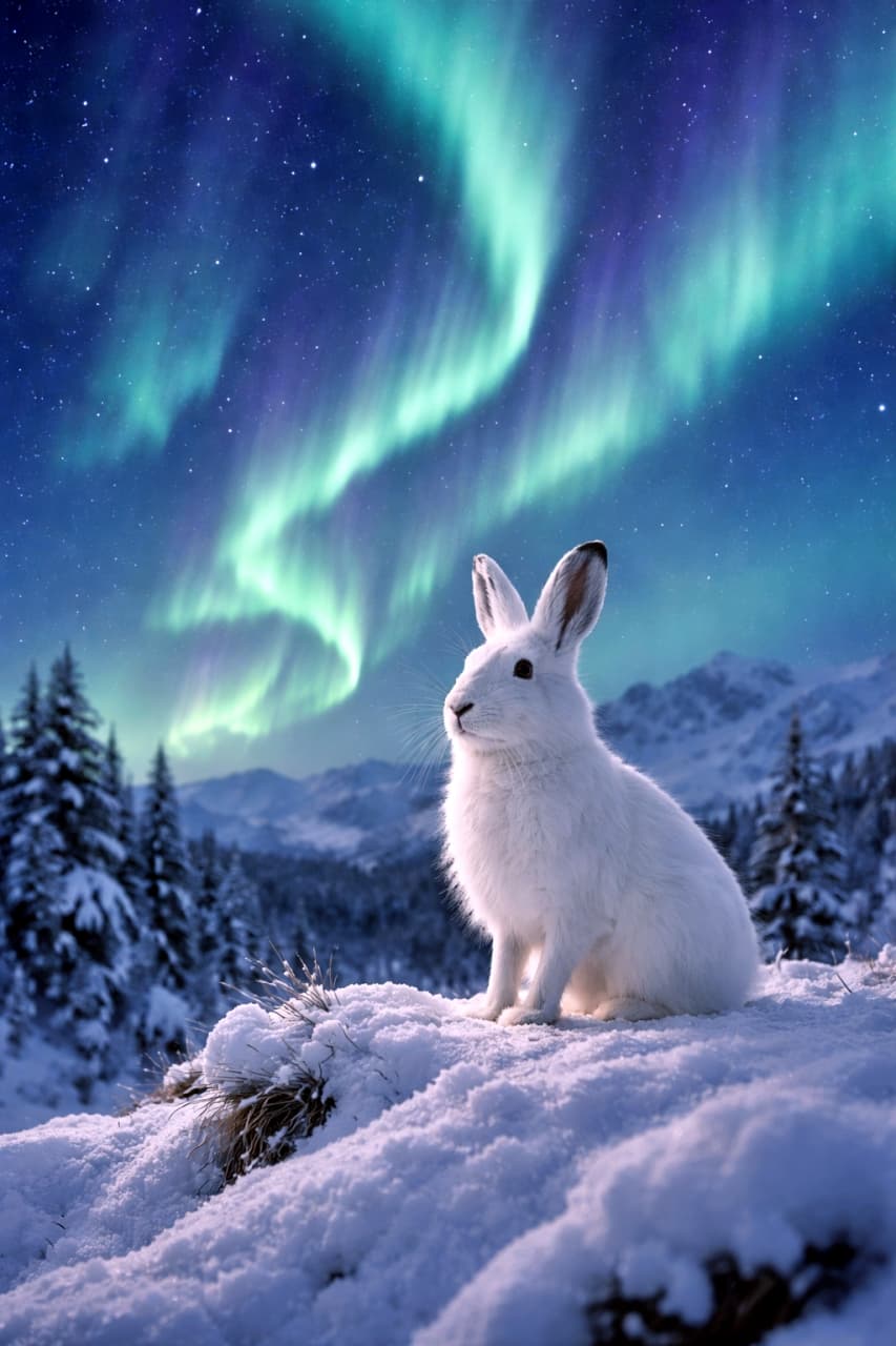 「オーロラの下で凛と佇むエゾユキウサギ。静寂と緊張感が美しい一瞬❄️✨」An alert Ezo snow hare standing on a snowy ridge under glowing northern lights at night, photorealistic winter wildlife scene. 雪の稜線に立ち、夜空に輝くオーロラを背に警戒するエゾユキウサギのフォトリアルな冬景色