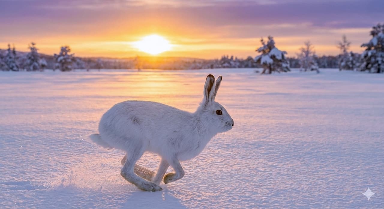 「夕陽の雪原を疾走!🐇💨 真っ白なエゾユキウサギ、黄金色の光に包まれた美しい一瞬です🌅✨」A photorealistic wildlife image of an Ezo snow hare (mountain hare) in white winter fur running across a vast snowy field at sunset. The hare is captured mid-stride with its long ears angled back, illuminated by the warm golden and purple hues of the setting sun on the horizon. 黄金色と紫色のグラデーションが美しい夕暮れの雪原を、真っ白な冬毛のエゾユキウサギが疾走しているフォトリアルな野生動物写真。長い耳を後ろに倒し、力強い後ろ足で雪を蹴って走る躍動感あふれる姿が、沈む太陽の光に照らされてい