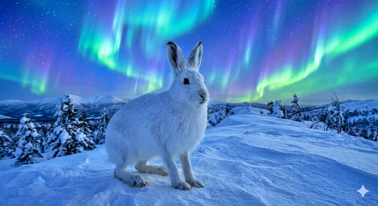 「奇跡のコラボ!🌌オーロラの下に佇むエゾユキウサギ。雪と光が織りなす幻想的な冬の夜景です🐇✨」A photorealistic image of an Ezo snow hare standing alert on a snowy ridge under a spectacular display of northern lights (aurora borealis). The pure white hare is illuminated by the soft glow of green and purple lights dancing in the starry night sky, creating a mystical winter landscape. 緑と紫色のオーロラが輝く満天の星空の下、雪の積もった尾根に佇む真っ白なエゾユキウサギのフォトリアルな画像。冬毛のウサギは少し体を起こして周囲を警戒しており、幻想的な光のカーテンと雪山が広がる、神秘的で美しい夜の情景