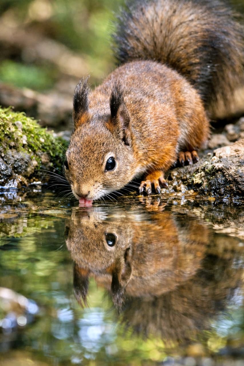 「澄んだ小川でひと休み。水面に映る自分を見つめる、エゾリスの静かなひととき」Ezo squirrel drinking water from a clear forest stream, its reflection mirrored on the calm surface in a close-up wildlife scene. 森の小川で水を飲むエゾリス。澄んだ水面に姿が映り込む、野生動物のクローズアップ写真