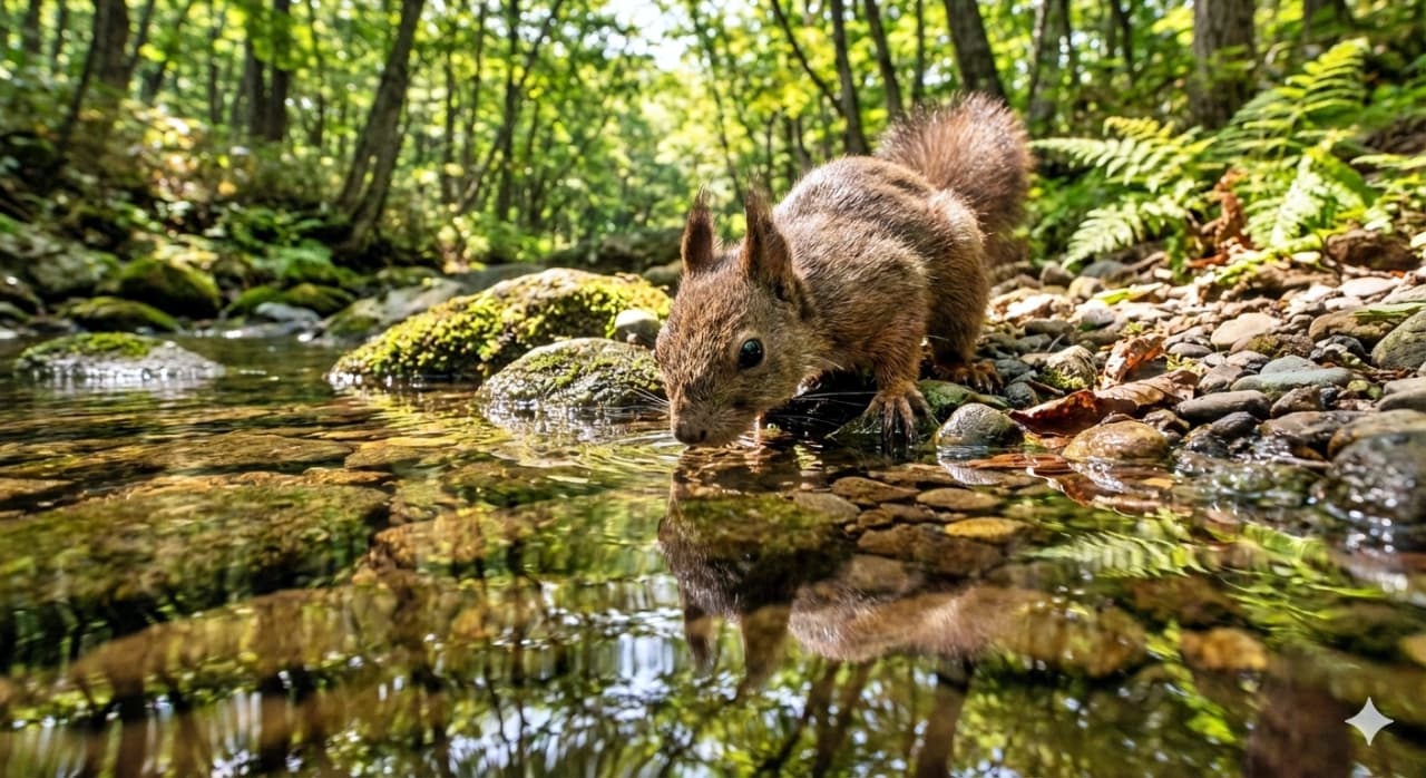 「冷たい雪解け水かな?🐿️ 森の小川で水分補給。水面に映る真剣な表情もバッチリです💧✨」A photorealistic close-up of an Ezo squirrel drinking from a clear stream flowing between mossy rocks in a lush green forest. The squirrel's face and ear tufts are perfectly reflected in the calm water surface, capturing a peaceful moment of wildlife in natural light. 緑豊かな森の中、苔むした岩の間を流れる澄んだ小川で、エゾリスが身を乗り出して水を飲んでいるクローズアップ写真。静かな水面にはリスの顔や耳の房毛が鏡のように反射しており、周囲の自然光が美しい、フォトリアルな野生動物のワンシーン