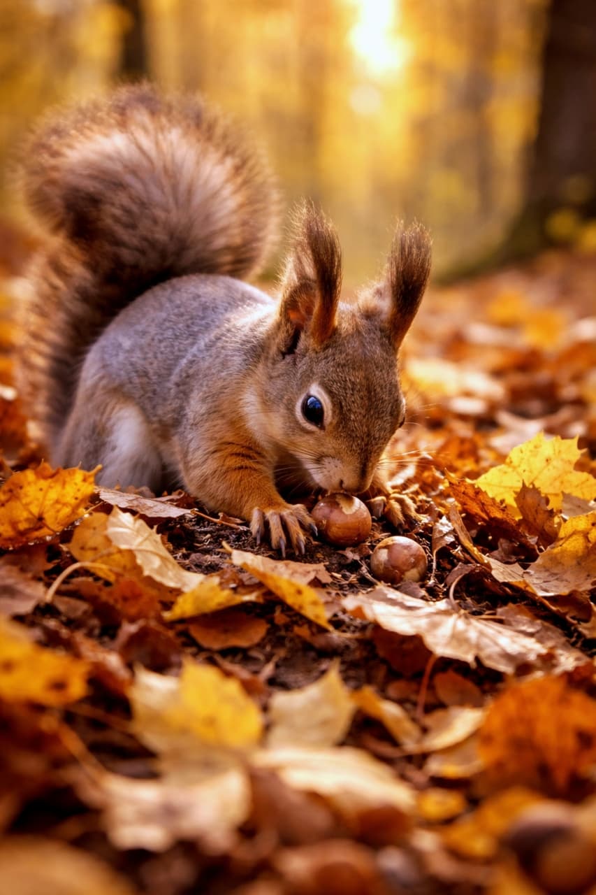 「冬支度はこっそり丁寧に。落ち葉の下に宝物をしまう、エゾリスの秋仕事🐿🍂」An Ezo squirrel hiding nuts under fallen leaves in an autumn forest, bathed in golden light with a shallow depth of field. 秋の森で、落ち葉の下に木の実を隠すエゾリス。黄金色の光に包まれ、背景はやわらかくぼけている。