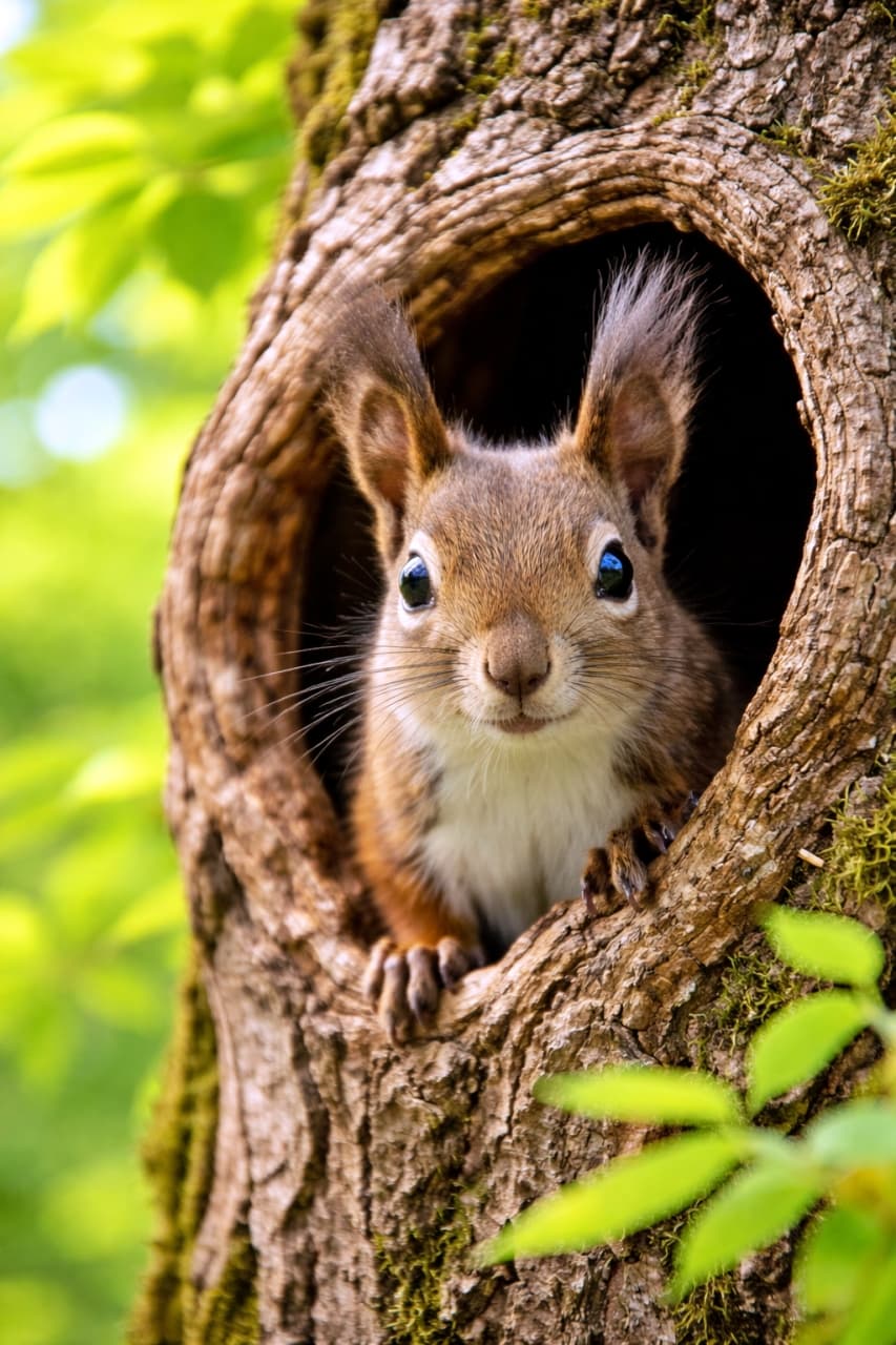 「木のうろから、こんにちは。春の森をそっとのぞくエゾリスの好奇心が止まらない🐿️🌸」A curious Ezo squirrel peeking out from a hollow tree trunk, surrounded by fresh spring greenery in soft natural light. 春の新緑を背景に、うろのある木の中からひょっこり顔を出す好奇心いっぱいのエゾリス