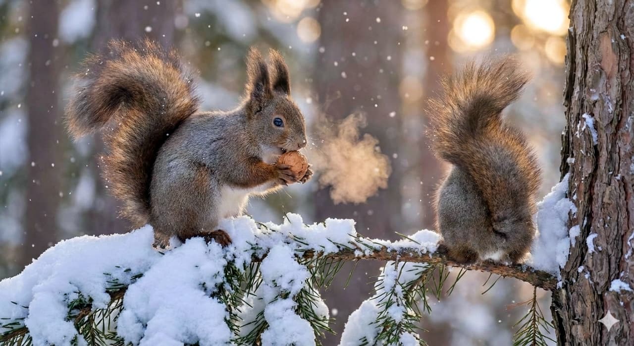 「息が真っ白!❄️ 極寒の森でモグモグ朝ごはん。冬の光に包まれたエゾリスたち、幻想的な一枚です🐿️💨」A photorealistic image of two Ezo squirrels perched on a snow-laden pine branch in a winter forest. The squirrel on the left is eating a nut, with a puff of white breath visible in the freezing air. The squirrel on the right faces away, showing its fluffy tail. Snowflakes fall gently in the golden backlit background. 雪が降り積もる冬の森で、針葉樹の枝に止まっている2匹のエゾリス。左側のリスは木の実(クルミ)を両手で持って食べており、口からは寒さで白い息がはっきりと出ている。右側のリスは背中を向けて座っており、背景には雪の結晶と逆光の太陽が輝く、幻想的でフォトリアルな情景