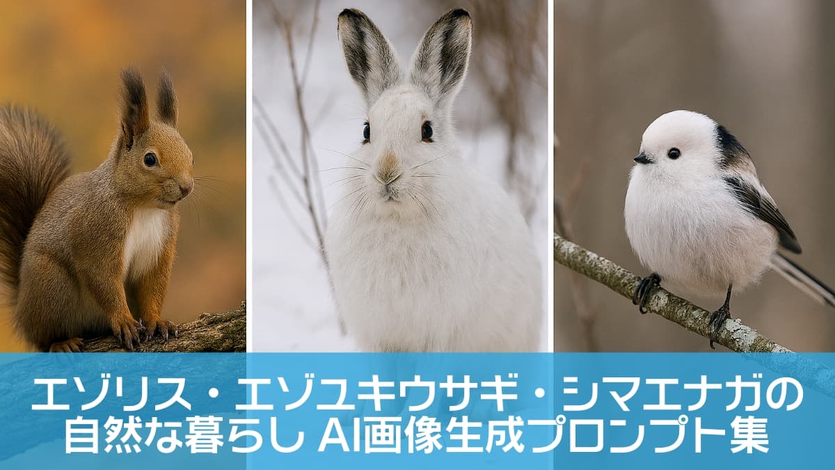左：秋の森で枝に佇むエゾリス。中央：雪原に座るエゾユキウサギ。右：細枝に止まるシマエナガ、背景は冬の茶色