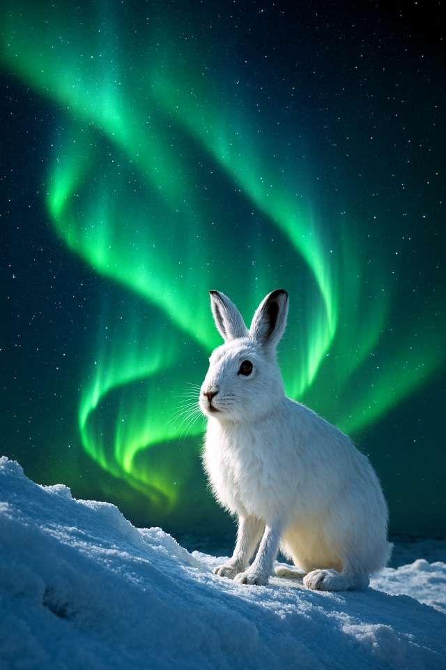A mountain hare sitting in the snow beneath the aurora-lit night sky, surrounded by stars and silence. オーロラの夜空の下、雪に佇むエゾユキウサギ。星と光が幻想的な静寂を演出する