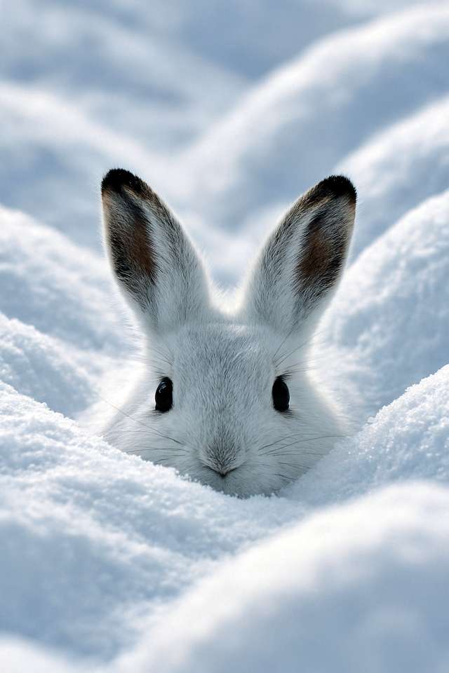 A mountain hare buried in fluffy snow, with only its head and ears visible in a quiet winter scene. ふわふわの雪に埋もれ、頭と耳だけを覗かせるエゾユキウサギ。静かな冬の情景