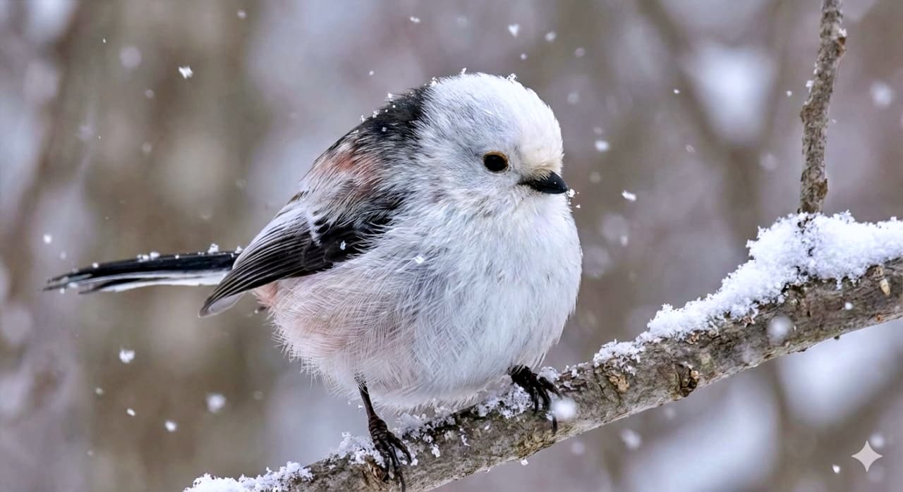 「雪降る中でプクッと防寒モード☃️羽を膨らませたシマエナガ、まるで「雪見だいふく」みたいな可愛さです💕」A photorealistic close-up of a Shima Enaga (long-tailed tit) perched on a branch during a gentle snowfall. The bird has fluffed up its feathers to stay warm, appearing perfectly round and ball-like. Snowflakes rest on its head and back, highlighting the soft texture of its white plumage. 雪が静かに舞い落ちる冬の森で、枝に止まったシマエナガが寒さを防ぐために羽を大きく膨らませているクローズアップ写真。体をボールのように丸くし、頭や背中には雪の結晶がついている。白い羽毛の柔らかな質感と、舞い散る雪が美しいフォトリアルな情景