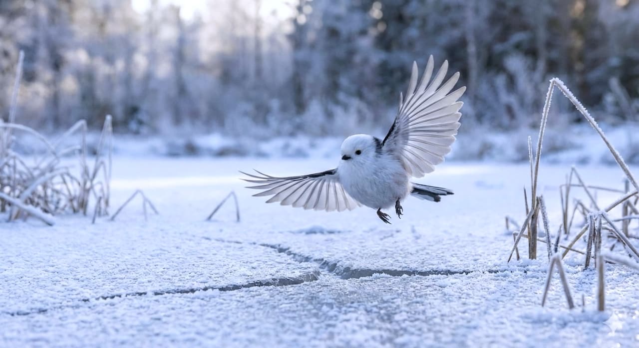 「雪の妖精、テイクオフ!✈️ 凍った池の上を低空飛行。広げた翼が芸術的に美しい、奇跡の瞬間です❄️🐦✨」A photorealistic wildlife action shot of a Shima Enaga flying low over a frozen pond. The bird's wings are fully spread, displaying detailed feathers as it glides just above the icy surface, capturing a graceful and dynamic moment in a snowy winter landscape. 凍結した池の上を低空飛行しているシマエナガのフォトリアルなアクション写真。左右に大きく広げた翼の風切羽(かざきりばね)一枚一枚が鮮明に描写されており、真っ白な体と雪景色が調和した、躍動感と優雅さを併せ持つ冬の情景