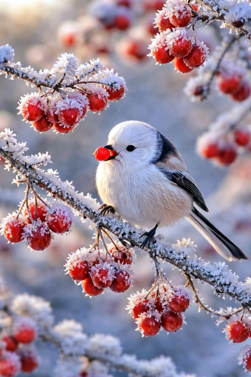「霜きらめく冬の朝、赤い実をぱくり。シマエナガの小さな幸せタイム❄️」A shima enaga feeding on red berries in a frost-covered bush, softly lit by winter morning light, photorealistic. 霜に覆われた低木で赤い実をついばむシマエナガ。冬の朝の柔らかな光に包まれたリアルな描写