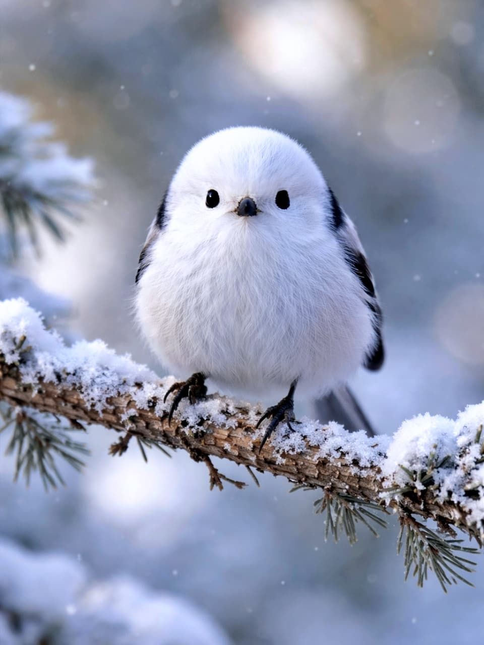 「雪の枝にちょこん。まんまるシマエナガが正面から見つめる、冬の奇跡の一瞬❄️」A long-tailed tit (Shima enaga) perched on a snowy branch, looking directly at the camera, with soft winter bokeh in the background. 雪が積もった枝にとまり、カメラをまっすぐ見つめるシマエナガ。背景は冬らしい柔らかなボケ