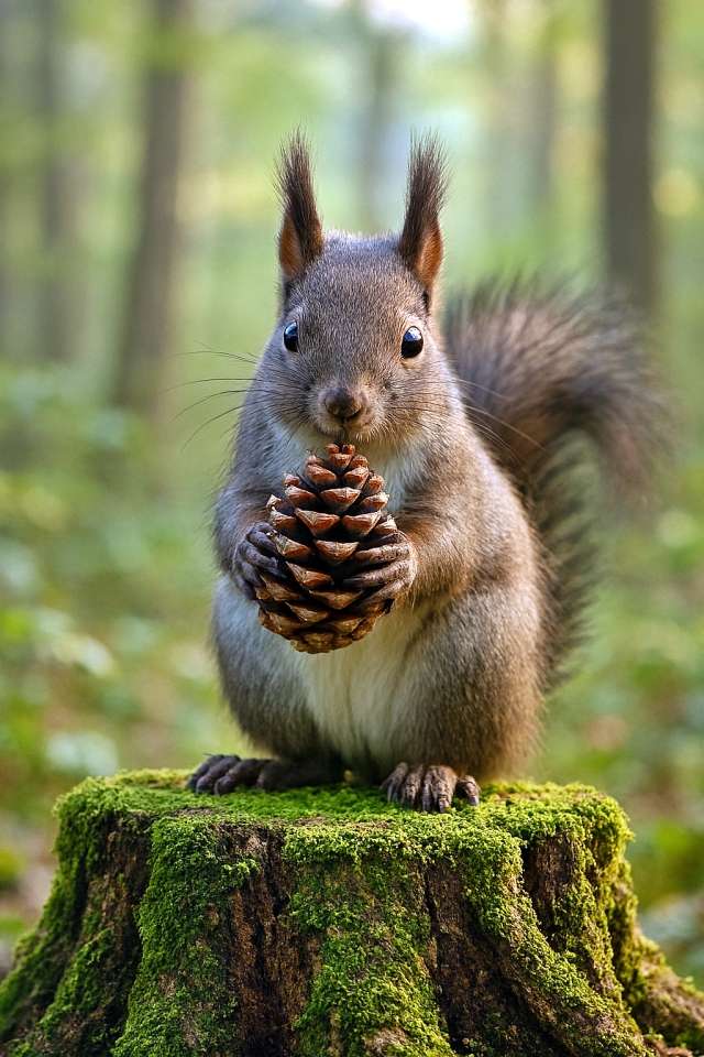 A Hokkaido Squirrel stands upright on a mossy tree stump, holding a pine cone with both paws and gazing directly at the camera. The blurred green forest background adds serenity. 苔むした切り株の上に立ち、両前足で松ぼっくりを抱えるエゾリス。カメラ目線でこちらを見つめており、背景の緑が柔らかくぼけている。静かな森の中の一瞬