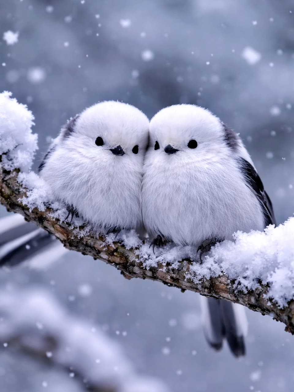 「雪の日はくっついてぬくぬく☃️真っ白もふもふなシマエナガの尊い冬時間」Two Shima Enaga huddling together on a snow-covered branch in winter, with soft falling snow and a blurred background, photorealistic. 雪が積もった枝の上で、寄り添う2羽のシマエナガ。冬の森で雪が舞うフォトリアルな風景