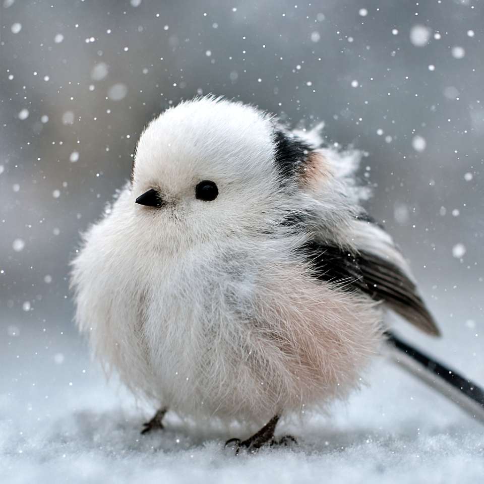 A long-tailed tit glides over a frozen surface, its spread wings and trailing tail forming a graceful arc in the icy air. 氷の上を飛ぶシマエナガ。広げた翼と長い尾が、冷たい空間に優雅な軌跡を描く