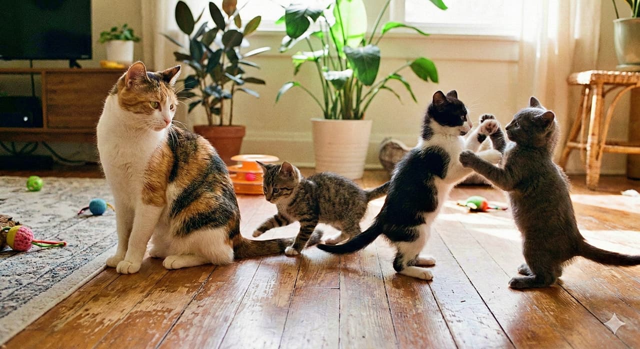 「ママは見守り隊!わんぱく子猫の保育園」A Calico mother cat sitting calmly in a sunny living room, watching her three kittens play. A small tabby kitten chases the mother's tail, while a black-and-white kitten and a grey kitten stand on their hind legs, playfully wrestling with each other. 日当たりの良いリビングで、三毛猫の母猫が3匹の子猫たちが遊ぶ様子を穏やかに見守っている。キジトラの子猫は母猫の尻尾を追いかけ、白黒とグレーの子猫は後ろ足で立ち上がって楽しそうに取っ組み合いをしている