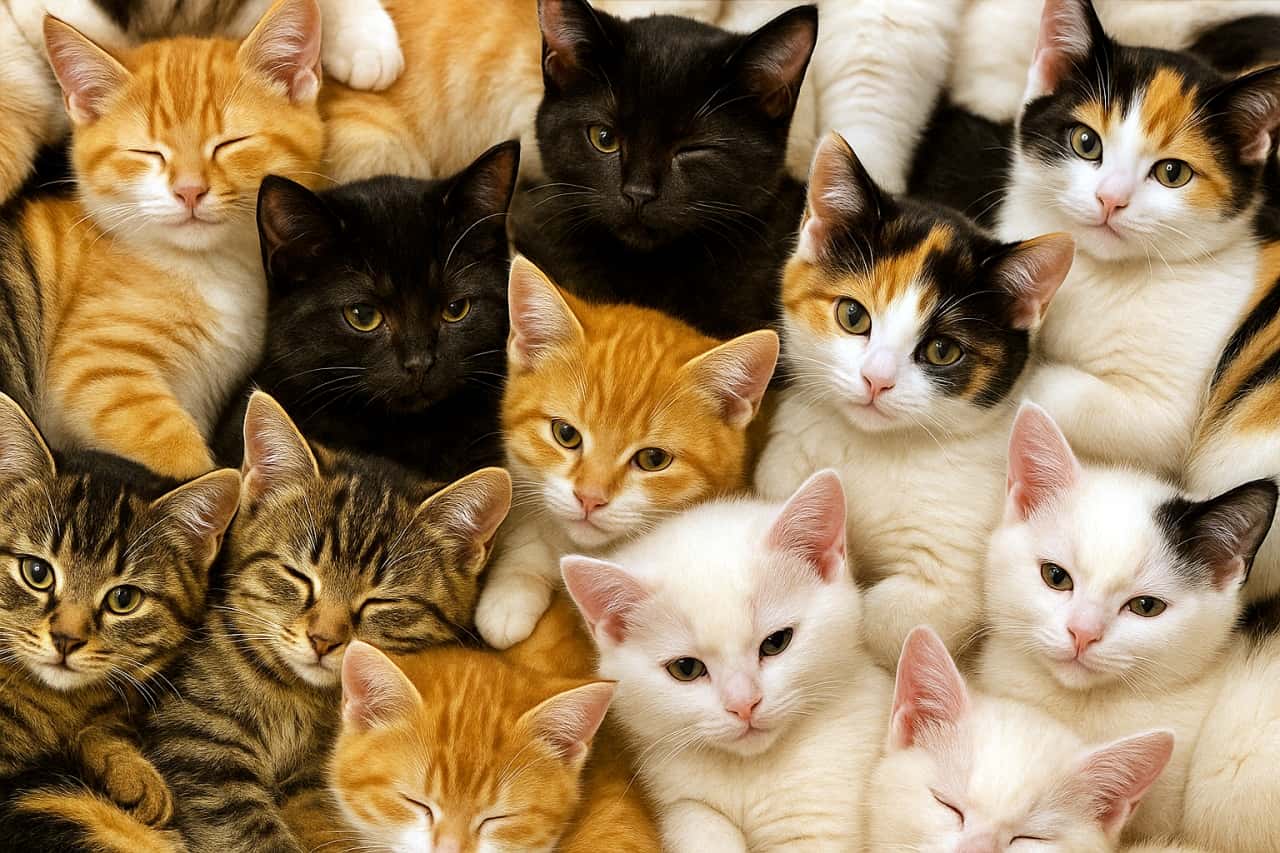 「ぎゅうぎゅう猫団子💕どの子がタイプ?幸せがこれでもかと詰まった、奇跡の集合写真ニャ🥰」A large, tightly packed group of adorable kittens of many different colors and breeds, including calico, tabby, black, white, and orange tabby, filling the entire frame. Some are sleeping, while others look at the camera. 画面いっぱいに隙間なく密集した、色とりどりの子猫たち(三毛、キジトラ、黒猫、白猫、茶トラなど)の集団。眠っている子や、こちらを見つめている子など様々