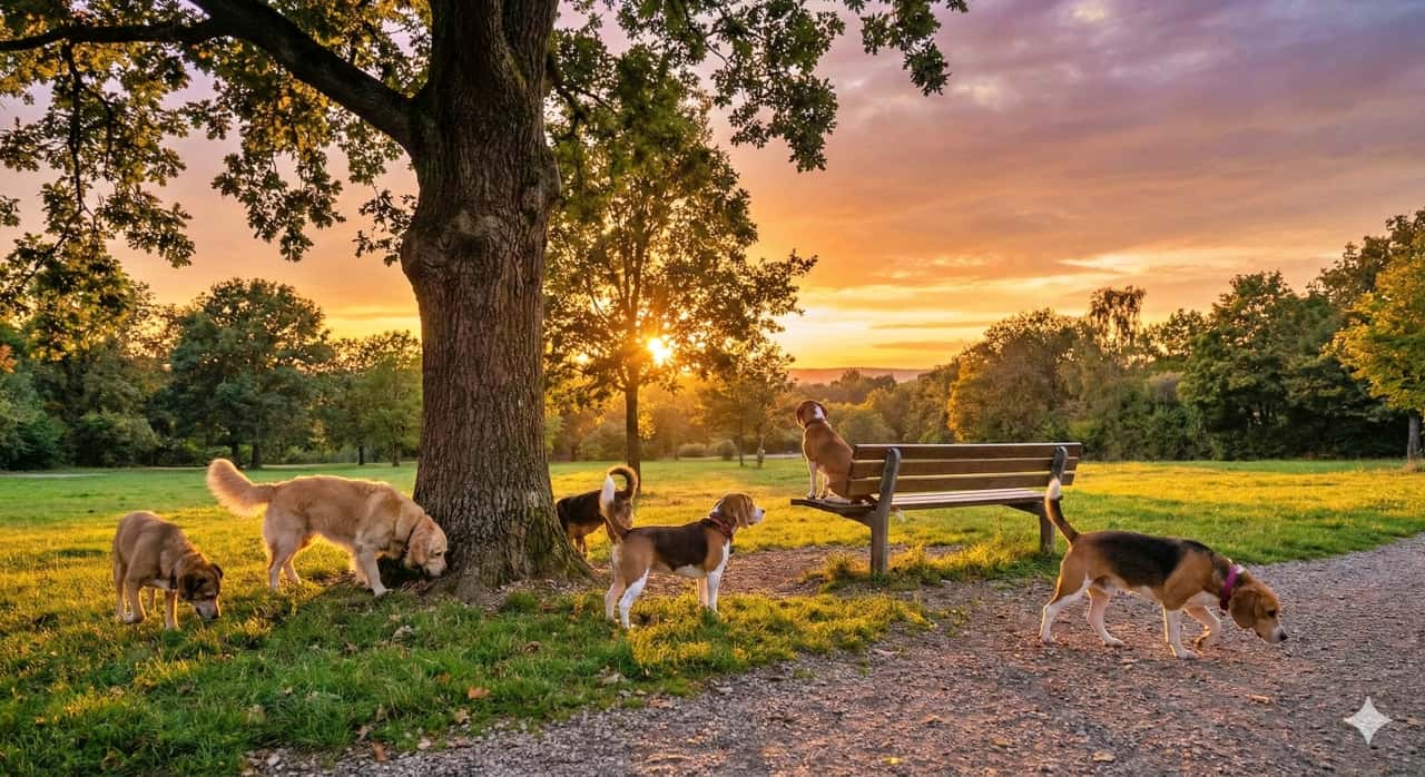 「夕焼けに染まる、犬たちの穏やかな散歩道」A peaceful scene of several dogs, including Beagles and a Golden Retriever, in a park during a golden sunset. One dog sits on a bench looking at the horizon, while others sniff the ground near a large tree or walk along a gravel path. 美しい夕焼けに包まれた公園で、思い思いに過ごす数匹の犬たち(ビーグル、ゴールデンレトリバーなど)。一匹はベンチに座って夕日を眺め、他の犬たちは大きな木の下で地面の匂いを嗅いだり、小道を歩いたりしている
