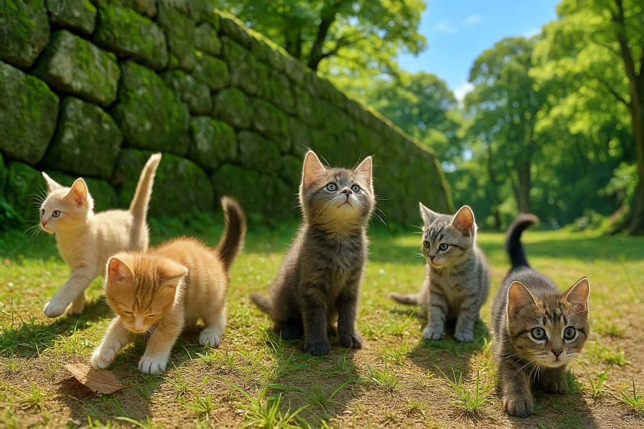 「石垣の探検隊、出動!🐾 みんなで何を見つけたのかな?ワクワクの冒険が始まる予感🌳✨」Five kittens of various colors (orange tabbies, grey, and brown tabbies) exploring a sunny grassy area next to an old, moss-covered stone wall and lush green trees under a blue sky. 青空の下、苔むした石垣と緑豊かな木々を背景に、芝生の上で遊ぶ5匹の子猫たち(茶トラ、グレー、キジトラ)。それぞれが違う方向を見たり、歩いたりしている