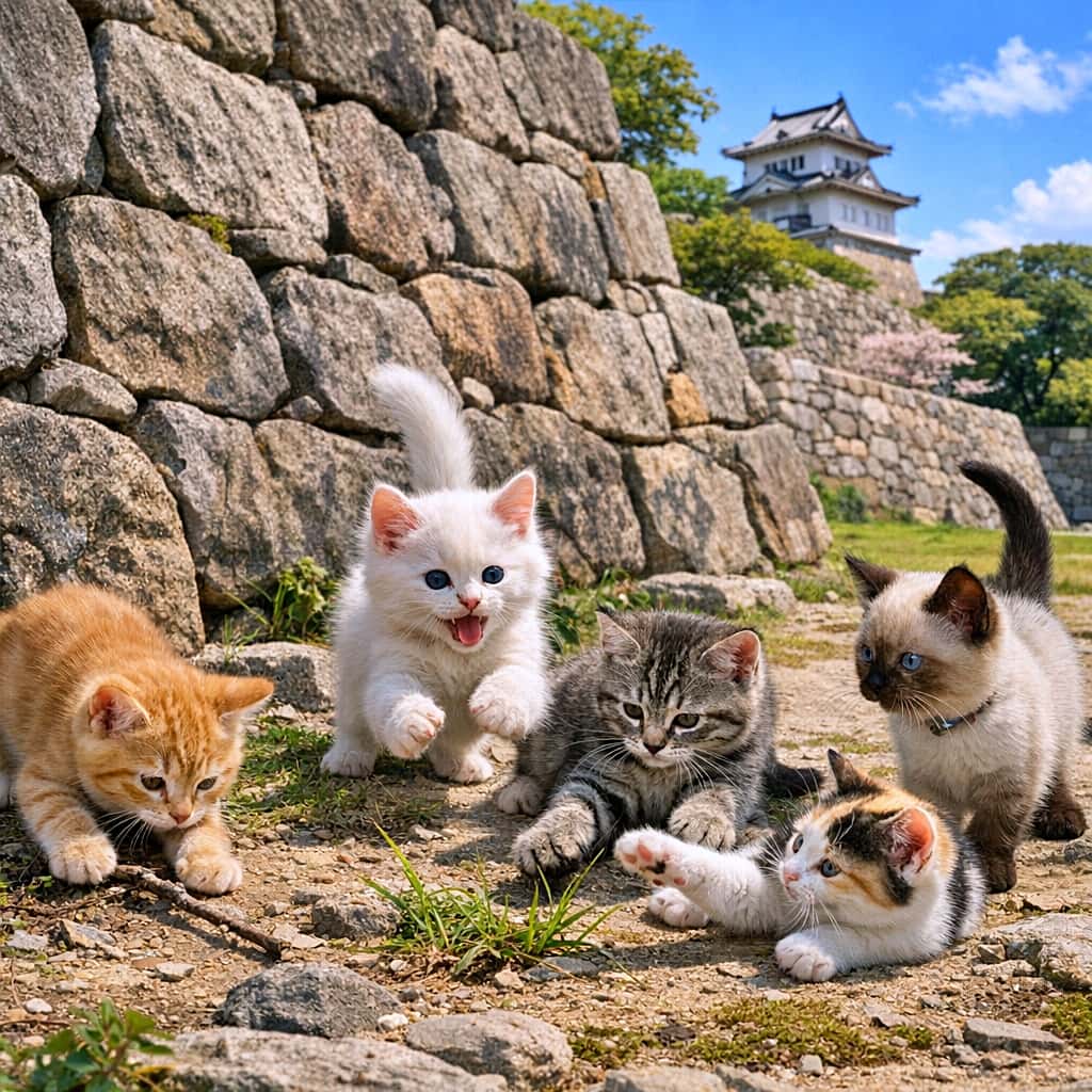 「お城の下で大集合🏯✨ 5匹みんなで歴史探訪?それとも鬼ごっこかな🐾 晴天の城跡でわんぱく全開!」Five playful kittens of different breeds (orange tabby, white, silver tabby, calico, and Siamese) playing on the ground near a massive stone wall in a Japanese castle park. A traditional castle tower is visible in the background under a sunny blue sky. 晴れた日の日本の城跡公園で、石垣の近くで遊ぶ5匹の子猫たち。茶トラ、白猫、キジトラ、三毛猫、シャム猫がそれぞれ元気に動き回っており、背景には青空と天守閣が見える