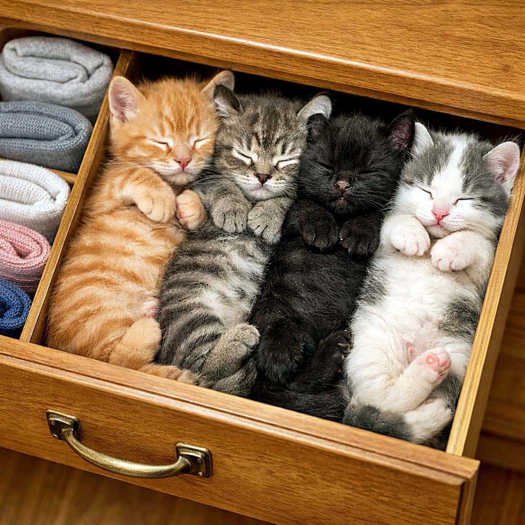「どれが本物の靴下?間違って履かないで!🧦 左はニット、右は…モフモフ猫ちゃん!引き出しの中で完璧な擬態だニャ🤫💤」A photorealistic high-angle shot inside a wooden drawer. On the left, real rolled-up socks are neatly organized. On the right, four kittens (orange tabby, grey tabby, black, and grey-and-white) are sleeping on their backs in a row, perfectly mimicking the shape and arrangement of the socks. 木製の引き出しの中を俯瞰で捉えた写真。左側には丸められた本物の靴下が整理されている。その右側には、茶トラ、キジトラ、黒猫、白黒の4匹の子猫が、靴下の形状を真似るように一列に並んで仰向けに眠っている
