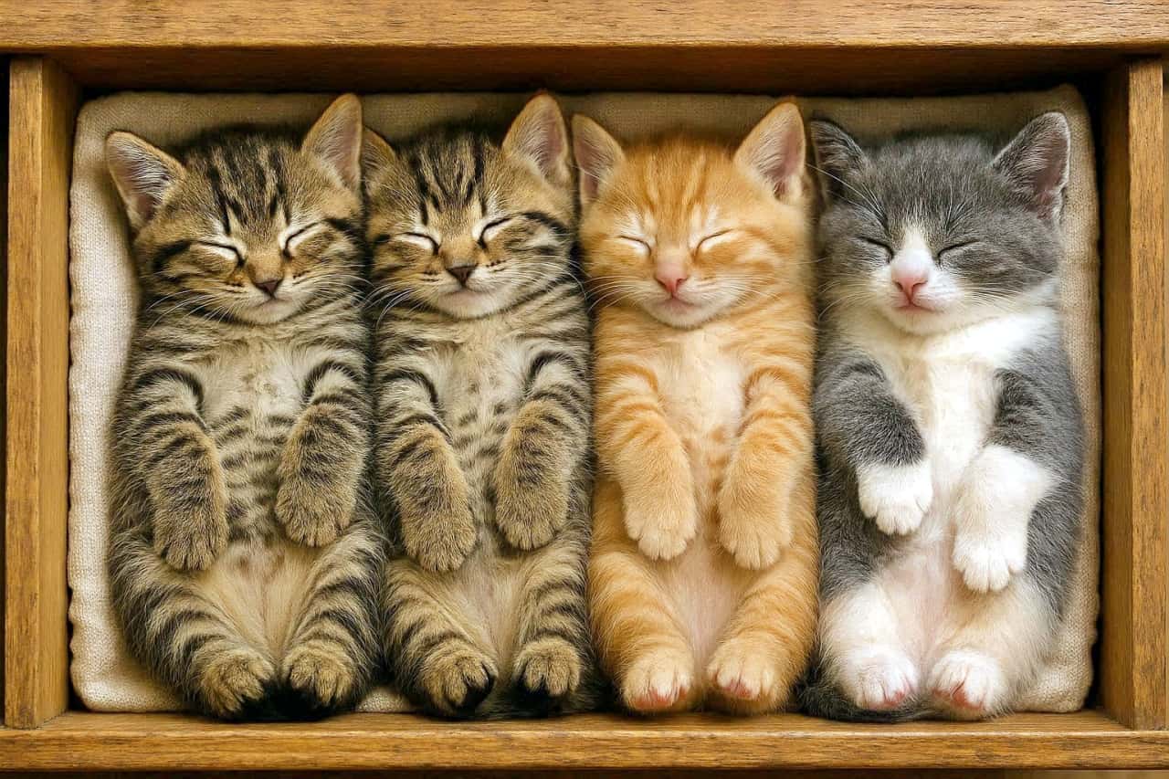 「まるで靴下!?🧦 引き出しにシンデレラフィットした4匹の子猫ちゃん。整理整頓バッチリだニャ🐱💤」High-angle shot of four kittens sleeping on their backs, tightly packed in a row inside a wooden drawer like socks. From left to right: two tabbies, one orange tabby, and one grey and white kitten, all with paws curled and eyes closed. 木製の引き出しの中に、まるで靴下のように隙間なく並んで仰向けに寝ている4匹の子猫。左からキジトラ2匹、茶トラ、グレー白の順で、全員が前足を胸に寄せてスヤスヤと眠っている