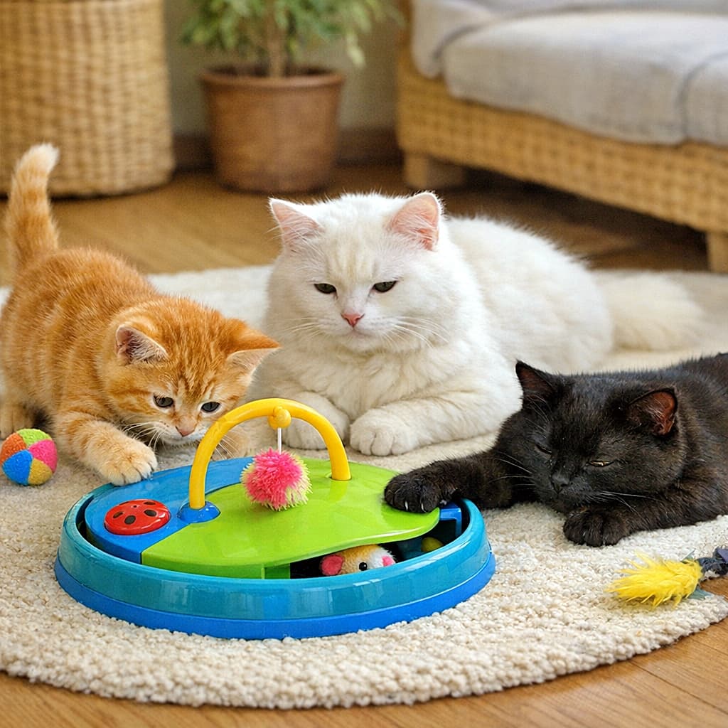 「回るおもちゃを囲んで…三者三様の昼下がり」A curious ginger tabby kitten bats at a green and blue circular interactive toy with a pink pom-pom. Beside it, a fluffy white cat lies down, watching calmly. A sleepy black cat rests its paw on the rim of the same toy, its eyes half-closed, on a beige rug with other scattered toys. リビングのラグの上で、回転式のおもちゃ(中にネズミ、上にピンクのポンポン)に興味津々で手を伸ばす茶トラの子猫。その横で、ふわふわの白猫が穏やかに伏せて様子を見守り、黒猫はおもちゃに手を置いたまま、眠そうに目を細めてまどろんでいる