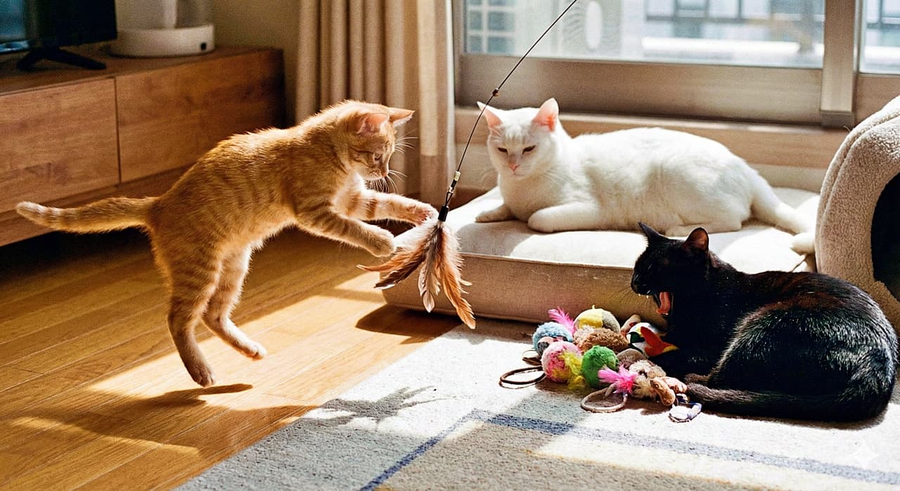 「元気っ子、見守り役、そして夢の中…自由な3匹」A sunny living room scene featuring three cats with different energy levels. An energetic orange tabby kitten leaps into the air to catch a feather wand toy. Behind it, a calm white cat watches from a cushion, while a black cat lies on the rug next to a pile of toys, yawning widely. 日差しの入るリビングで過ごす3匹の猫。元気な茶トラの子猫が羽根のおもちゃに向かって空中でジャンプし、後ろのクッションでは白猫が冷静にその様子を見守っている。手前の黒猫は、おもちゃの山の横で寝そべりながら大あくびをしている