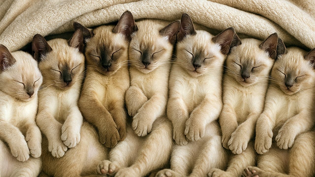 「幸せの「7」並び!🐈 7匹のシャム猫ちゃんがぎゅうぎゅうでスヤスヤ。最高の癒やしをお届け💤」A heartwarming high-angle shot of seven small Siamese kittens sleeping soundly side-by-side in a row under a soft beige blanket. They are tightly packed, lying on their backs with their paws curled up, creating a perfect line of creamy fur and dark ears. 柔らかいベージュの毛布に包まれて、7匹のシャム猫の子猫が横一列に隙間なく並んで眠っている。全員が仰向けになり、前足を胸元で丸めてスヤスヤと眠る、クリーム色と焦げ茶色のコントラストが美しい至福の光景