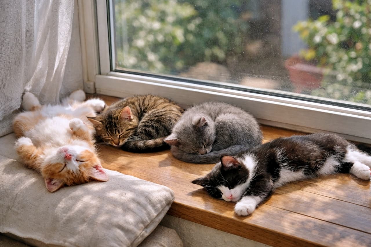 「日だまりの窓辺で眠る4匹のタビー子猫。背中・丸まり・伸びのポーズが織りなす静かな午後」 Four kittens napping on a sunny windowsill, each resting in a different sleeping position, bathed in warm natural light. 日当たりの良い窓辺で、四匹の子猫がそれぞれ違う寝方でリラックスして昼寝をしている様子