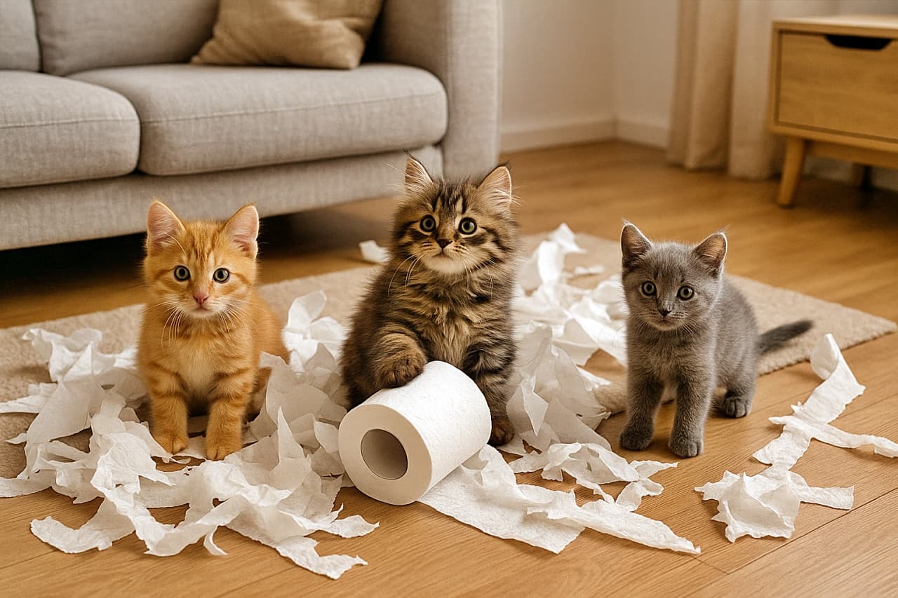 「やったのは…たぶんこの子たち。でも全員そろって「知らない顔」」Three playful kittens sitting on a wooden floor surrounded by torn toilet paper, looking innocently at the camera in a cozy living room, captured in a realistic photo style. 破かれたトイレットペーパーに囲まれ、部屋の床に並んで座る3匹の子猫が無垢な表情でこちらを見る、リアル写真風の室内シーン