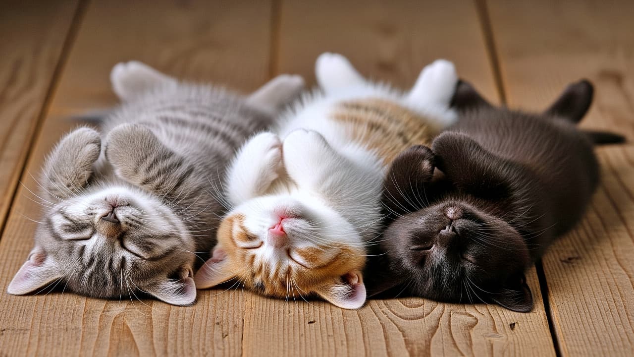 「色違いでヘソ天!🐾 グレー、茶白、黒猫ちゃんが並んで招き猫ポーズ?可愛すぎて選べないニャ🥰」Three kittens of different colors (grey tabby, orange and white, and black) sleeping on their backs in a row on a wooden floor. They are all in a synchronized pose with their paws curled up near their faces. 木の床の上で仰向けになり、横一列に並んで眠る3匹の子猫。左からグレーのキジトラ、茶白、黒猫の順で、全員が前足を顔の横で丸めた「招き猫」のようなポーズでシンクロしている