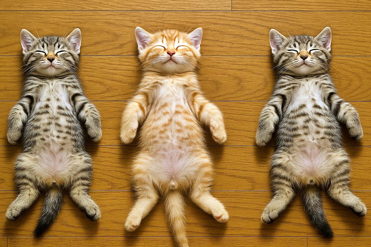「まるでコピペ!?😳 真ん中の茶トラちゃんを挟んで、奇跡のシンクロ寝相をご披露ニャ💤✨」High-angle shot of three kittens (one orange tabby in the center, two brown tabbies on the sides) sleeping on a wooden floor. They are lying on their backs in a row, displaying an uncanny, perfectly synchronized pose with identical limb and tail positioning. 木の床の上で横一列に並び、仰向けで眠る3匹の子猫(中央が茶トラ、両端がキジトラ)。手足の位置から尻尾の角度まで、まるでコピーしたかのように不自然なほど完全に同じ姿勢でシンクロしている