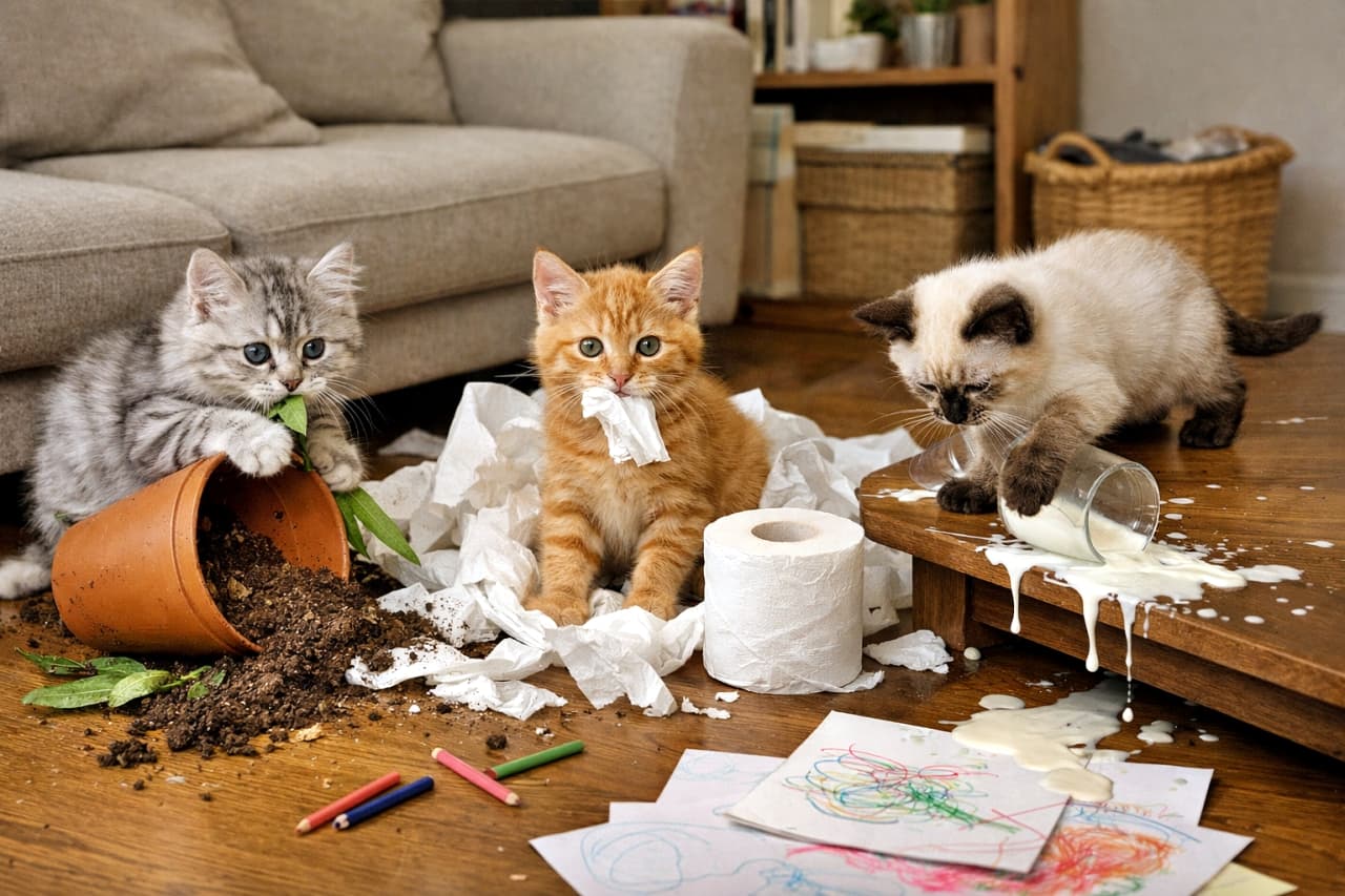 「目を離した一瞬でこの有様。
それでも叱れない、いたずら盛りの三重奏」Three mischievous kittens of different breeds making a mess in a living room, with spilled soil, scattered toilet paper, and milk on the floor, captured in a realistic high-quality photo. 品種の異なる3匹の子猫が部屋の中でいたずらをし、土やトイレットペーパー、こぼれたミルクが散らばる様子をリアルに写した高画質写真