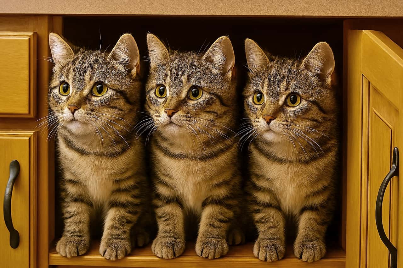 「台所の戸棚を開けたら3つ子の子猫ちゃん!?😳 まるでマトリョーシカみたいに並んで、おやつ待ちかな🍭🧡」A close-up shot of three identical-looking tabby kittens lined up perfectly inside a wooden cupboard. They are sitting politely with serious expressions, looking ready to jump out. 木製の戸棚の中にお行儀よく並んで座っている、そっくりな3匹のキジトラ子猫。真剣な眼差しで前方を見つめており、今にも飛び出してきそうな様子