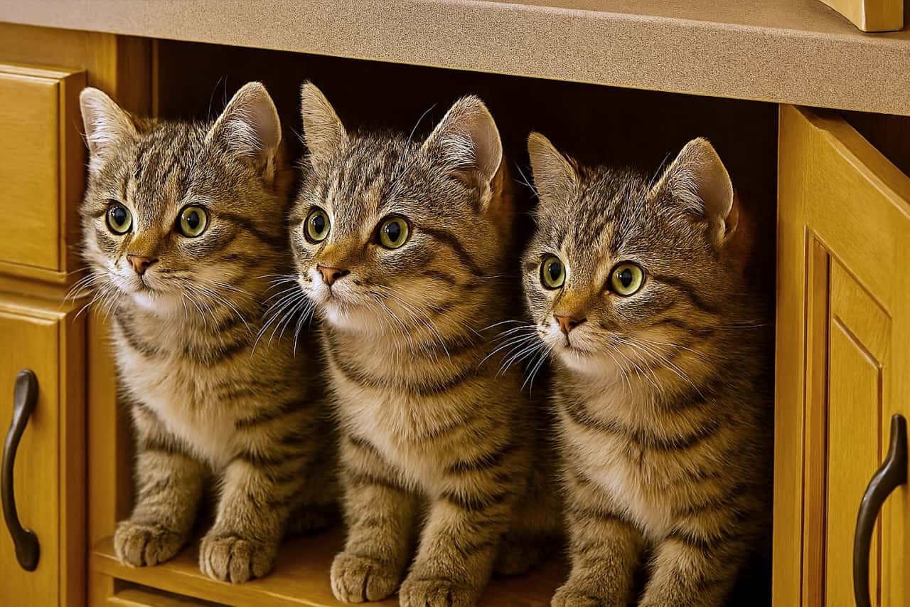 「キッチンの棚から視線を感じる…?👀 3匹揃って「ごはんまだ?」の無言の圧力!🐟💕」Three cute tabby kittens sitting side-by-side inside an open wooden kitchen cabinet. They are all looking attentively to the left with wide green eyes, appearing to wait for something. 木製のキッチンキャビネットの中に並んで座っている3匹のキジトラ子猫。扉が開いており、3匹とも興味深そうに左の方をじっと見つめている