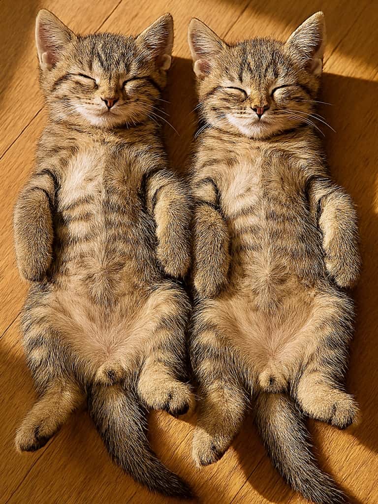 「ぽかぽか日向ぼっこ☀️ ヘソ天でシンクロお昼寝中💤 幸せそうな寝顔に癒やされて午後も頑張れそう🧡」High-angle view of two tabby kittens sleeping on their backs side-by-side on a wooden floor. They are bathed in warm sunlight, with their front paws curled against their chests in a perfectly synchronized pose. 暖かい日差しの中、木の床の上で並んで仰向けに寝ている2匹のキジトラ子猫。前足を胸元で丸め、完全に同じポーズでシンクロして幸せそうに眠っている