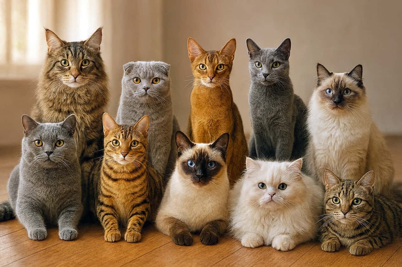 「猫界のオールスター大集合!スコティッシュにシャム、メインクーン…個性豊かな9匹が勢揃いニャ」A group portrait of nine cats of various breeds sitting together on a wooden floor, looking directly at the camera. The group includes a Maine Coon, Scottish Fold, Abyssinian, Russian Blue, Ragdoll, British Shorthair, Bengal, Siamese, Persian, and a tabby cat. メインクーン、スコティッシュフォールド、アビシニアン、ロシアンブルー、ラグドール、シャム、ペルシャなど、9匹の異なる種類の猫がフローリングの上に整列して座っている集合写真