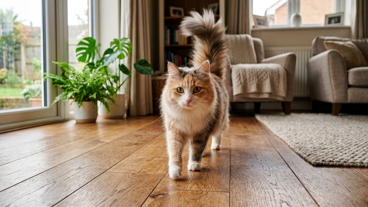 「窓からの爽やかな光を浴びて、キャリコさんがお庭を背にエレガントにお散歩。優雅な朝の始まり✨」An ultra-realistic, high-quality photograph from a cat's eye-level angle. An elegant, fluffy calico tabby cat is walking gracefully on a wooden floor, straight towards the viewer. The cat holds its curved tail high in a soft, elegant greeting. Its lifted front paw is slight, appearing more deliberate and careful. Refreshing, natural daylight from a window illuminates the cat, with a clearer background showcasing a garden view, indoor plants (Monstera, ferns), a sofa, fireplace mantle, and picture frames, providing more intricate details and a serene, morning atmosphere. 超高画質な接写写真。木製フローリングの上を、三毛猫（キャリコ）のタビーの長毛猫がこちらに向かって優雅に歩いている。猫の目の高さからのアングル。猫は尻尾を高く、よりふんわりと曲線を描いて保持し、挨拶している。持ち上げた前足はわずかで、より慎重で優雅な歩き方に見える。窓からの爽やかな、自然な光が猫を照らし、背景にはピントの合った庭の景色と観葉植物（モンステラ、シダ）、ソファ、暖炉の棚、写真立てが見え、より多くのディテールが感じられる情景