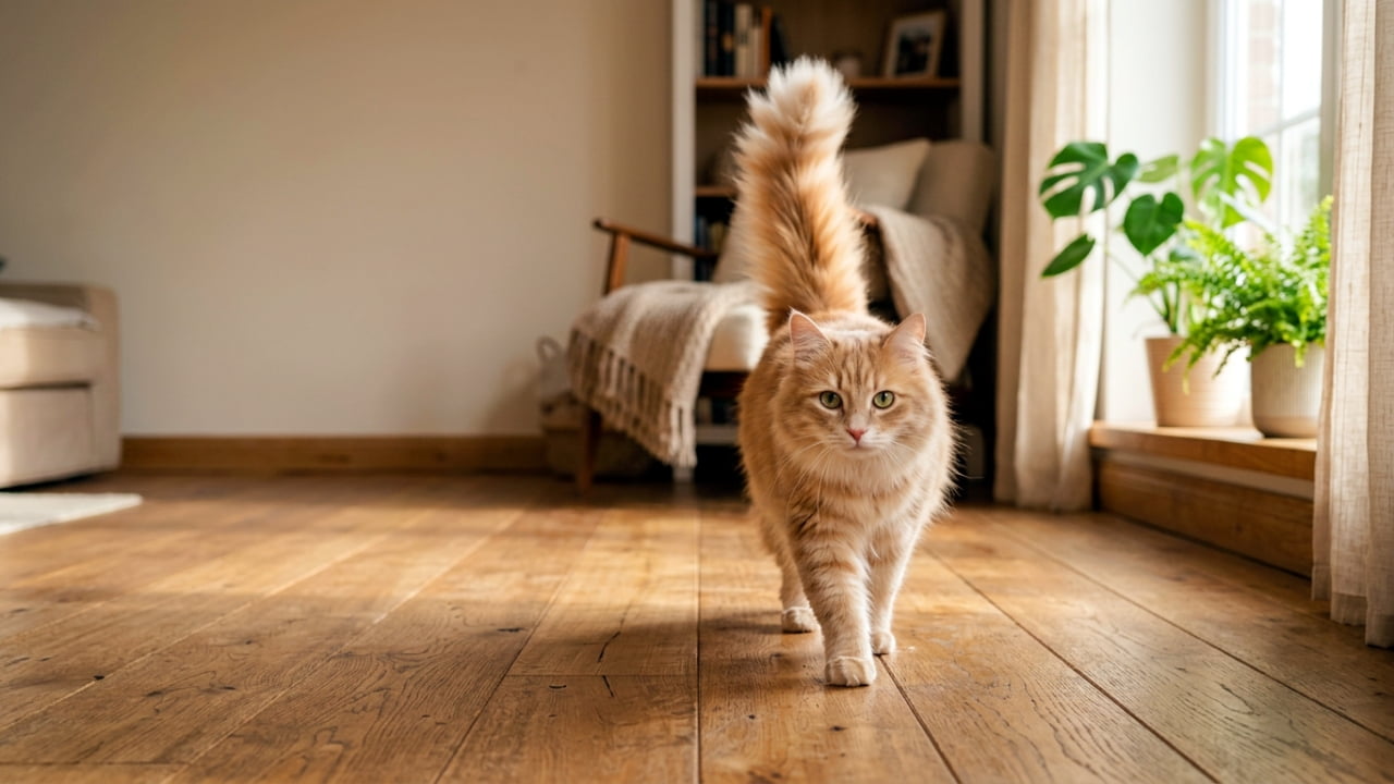 「爽やかな朝の冒険！グリーンを背に、オレンジトラさんが元気に挨拶。左の広いスペースにメッセージを🌿🐈」A 16:9 wide aspect ratio, photorealistic photograph of a friendly, all-orange tabby fluffy cat walking gracefully towards the viewer on a wooden floor. The cat holds its bright tail very high and straight, looking directly at the camera with a curious expression. A spacious negative space for text is available on the left, incorporating parts of the background. Fresh, natural morning sunlight from a window illuminates the cozy living room background featuring a sofa, green plants (Monstera, ferns), a bookshelf, and a fireplace. 16:9の横長フォトリアリスティック写真。木製フローリングの上を、全身が暖色系のオレンジタビーの長毛猫がこちらに向かって親しみやすく歩いている。猫は鮮やかな尻尾を高くまっすぐ立て、好奇心旺盛な眼差しでカメラを見つめている。左側には壁と背景の一部を含んだ広いネガティブスペースが確保されている。窓からの爽やかで明るい自然光が全体を照らし、背景にはソファ、観葉植物（モンステラ、シダ）、本棚、暖炉が見える居心地の良いリビングルーム