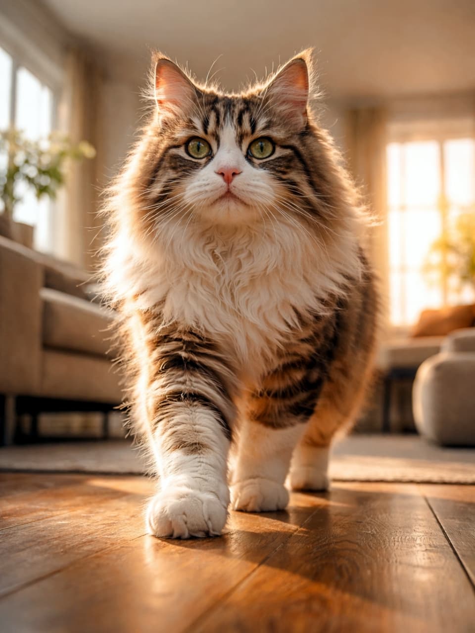 「朝日を背に優雅にウォーキング✨ ふさふさの胸毛と堂々とした足取りに惚れ惚れしちゃう！🐈💕 #猫 #もふもふ #朝」An ultra-realistic high-quality photograph of a magnificent fluffy cat walking gracefully towards the viewer on a wooden floor in a cozy living room. Taken from a low, cat's eye-level angle, highlighting its prominent face, fluffy underside, and clear paws. Soft morning sunlight from a window creates a glowing rim light effect around the cat. 居心地の良いリビングルームの木製の床を、こちらに向かって優雅に歩いてくる堂々とした長毛猫のローアングル写真。背後の窓から差し込む柔らかな朝日が猫の輪郭を輝かせている。ふさふさの胸毛や、しっかりとした前足がはっきりと見える、高画質で詳細な描写