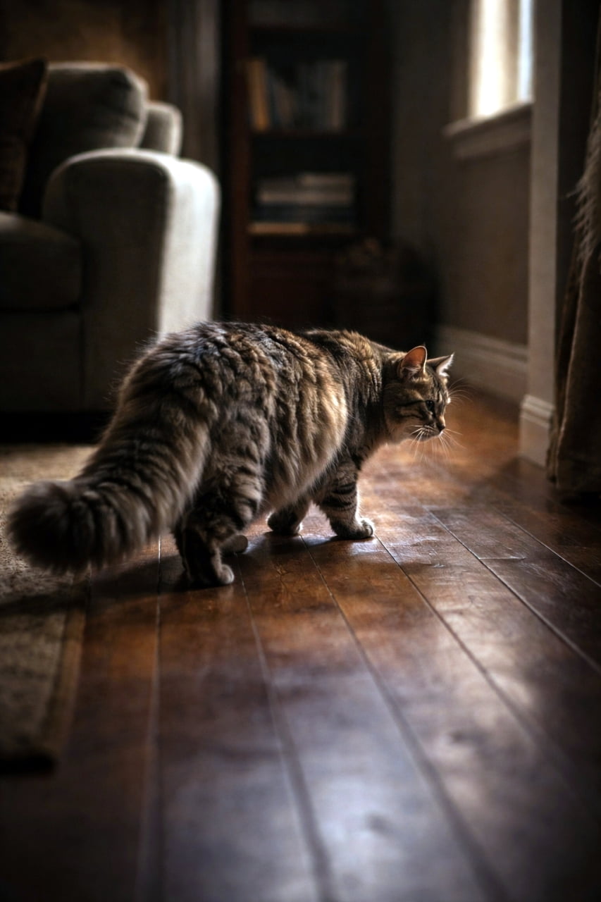 「抜き足差し足…🐾 何を狙っているのかな？真剣な後ろ姿がたまらなく可愛いハンターに胸キュンです🐈‍⬛💕 #猫 #もふもふ」An ultra-realistic high-quality photograph of a focused fluffy cat walking slowly and stealthily across a wooden floor in a dimly lit cozy living room. The cat is facing away towards a dark corner, with its tail held low and knees slightly bent in a classic stalking posture. 薄暗いリビングルームの木製の床を、部屋の隅に向かって慎重に歩くふさふさの長毛猫の写真。尻尾を低く下げて膝を少し曲げた、まるで獲物を狙うような低い姿勢で後ろを向いている。奥にはソファや本棚の影が見え、静かでミステリアスな雰囲気が漂う高画質な一枚