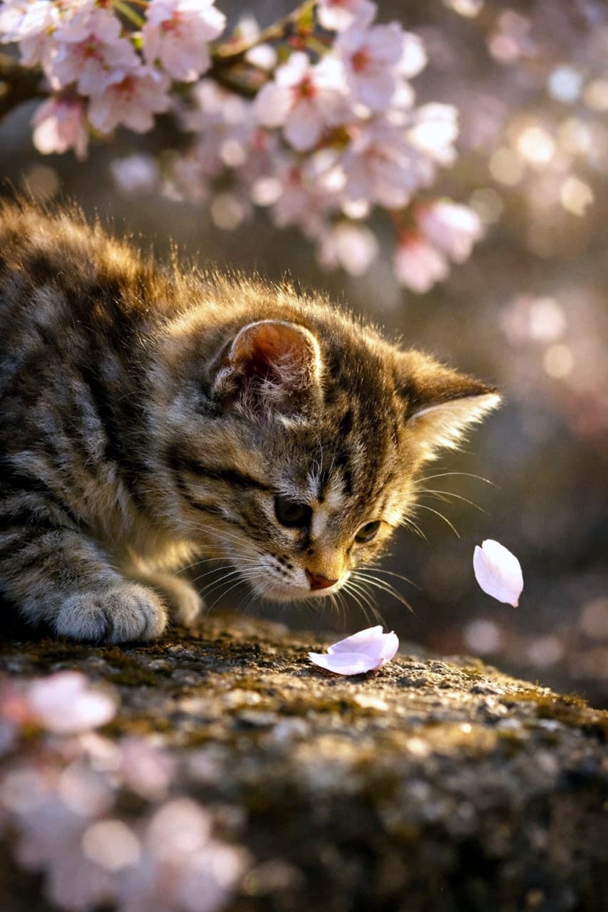 「春の訪れにドキドキ🌸ひらひら舞う花びらに興味津々な子猫ちゃん。この表情、守りたすぎる…😭✨」Ultra-realistic high-quality photograph of a tabby kitten gazing at falling cherry blossom petals. Cinematic golden hour backlighting creates a magical and warm atmosphere. 舞い散る桜の花びらをじっと見つめるキジトラの子猫。夕暮れ時の黄金色の光が逆光となり、子猫の毛並みと桜を幻想的に浮かび上がらせているドラマチックな構図