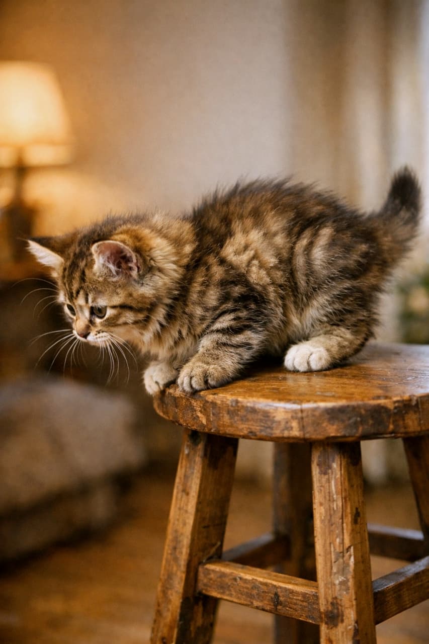 「ここ、ちょっと高いかな…？🪑スツールの上から冒険を企む子猫ちゃんの真剣な眼差しにキュン！💕」Ultra-realistic high-quality photograph of a tabby kitten perched on a vintage wooden stool, looking down curiously in a warm, cozy indoor environment. アンティーク調の丸い木製スツールの上に座り、少し緊張した様子で下を覗き込むキジトラ子猫。温かみのある室内灯と落ち着いたインテリアが、心地よい家庭的な雰囲気を演出