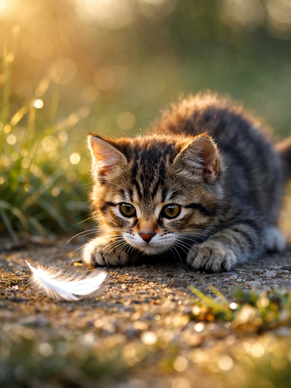 「落ちている羽根さえも、子猫にとっては大冒険の始まり！夕日に照らされた毛並みがとっても綺麗🌅✨」Ultra-realistic high-quality photograph of a tiny tabby kitten crouching and stalking a white feather on the ground during golden hour. 夕暮れ時の低い光の中、地面に落ちた白い羽根をじっと見つめて低く身構えるキジトラの子猫。ボケ味の美しい背景