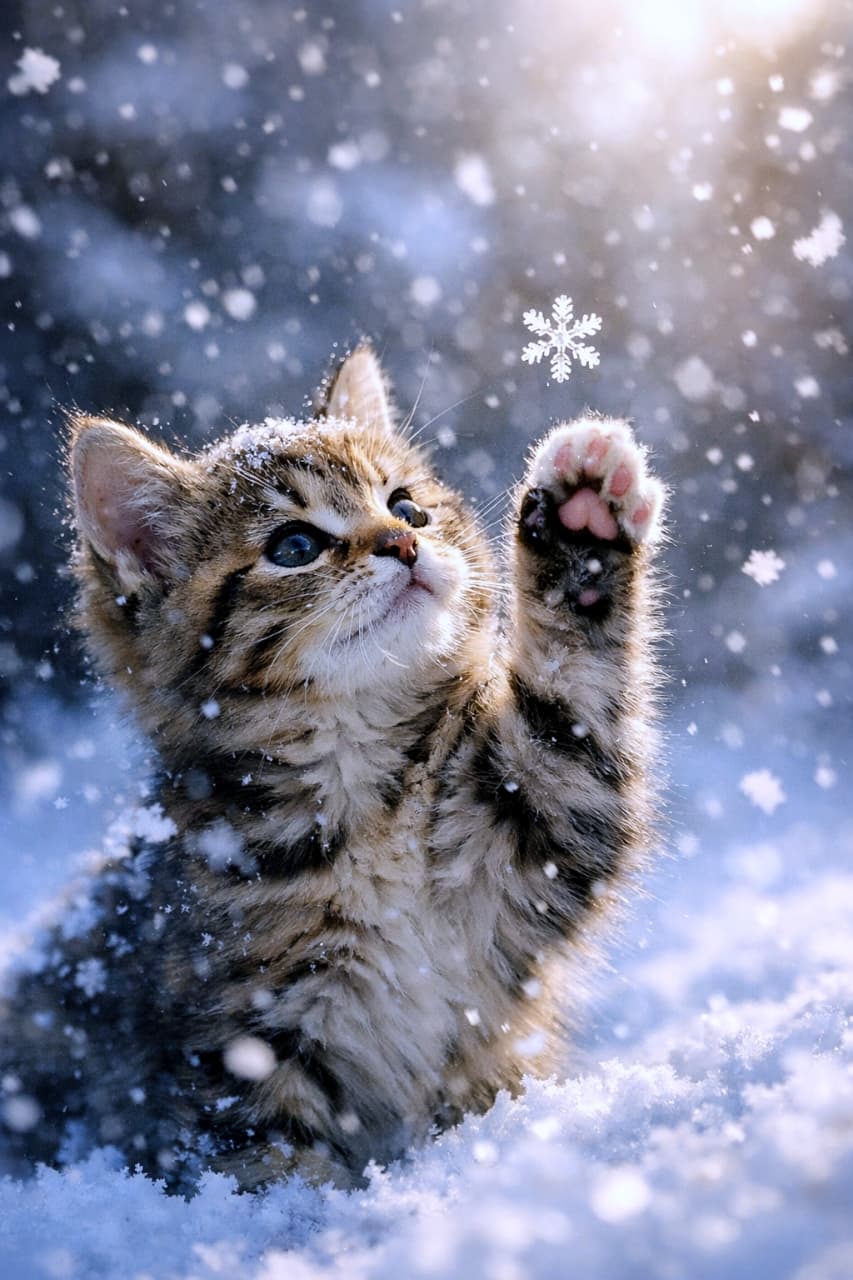 「雪の魔法にかかっちゃった？❄️結晶を捕まえようとする小さな肉球がたまらなく愛おしい奇跡の瞬間✨」Ultra-realistic high-quality photograph of a tabby kitten reaching for a snowflake in the air, magical winter setting with soft snow bokeh. 雪が降る中で立ち上がり、空中に浮かぶ雪の結晶を前足で捕まえようとする子猫。幻想的な光と舞い散る雪が美しい