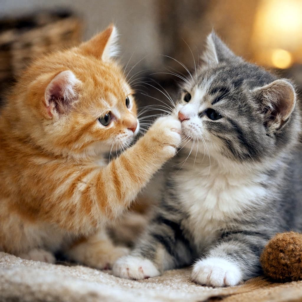 「「ねえねえ、遊ぼうよ！」🐾仲良し子猫たちの内緒話みたいな瞬間が尊すぎて、もう言葉になりません…💖」Ultra-realistic high-quality photograph of two kittens, an orange tabby and a grey tabby, playfully touching noses. A heartwarming moment captured in soft indoor lighting.　オレンジ色の茶トラ子猫とグレーのサバトラ子猫が向き合い、茶トラの子が優しく相手の鼻に前足を伸ばしている愛らしい瞬間。柔らかい光に包まれた室内でのアップショット