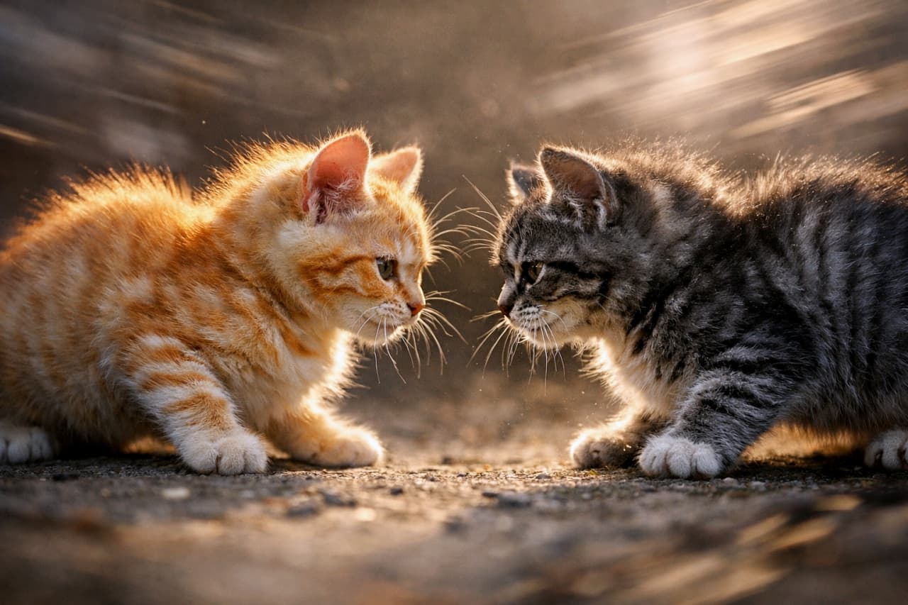 「静寂を切り裂く、子猫たちの真剣な眼差し…！🐱🔥夕陽を背負った「決戦の瞬間」がドラマチックすぎて鳥肌モノです✨ #猫プロレス #一触即発」Ultra-realistic high-quality photograph of two kittens locked in a tense stare-down just before leaping at each other. Bathed in soft golden backlight with motion blur in the background to emphasize the dynamic tension and photorealistic detail. 夕暮れ時の柔らかな逆光の中で、今にも飛びかかろうと互いを鋭く見つめ合う2匹の子猫。超高精細なディテールと、緊張感を際立たせる背景のモーションブラー（躍動的なボケ）が特徴的な最高画質のフォトリアルな写真
