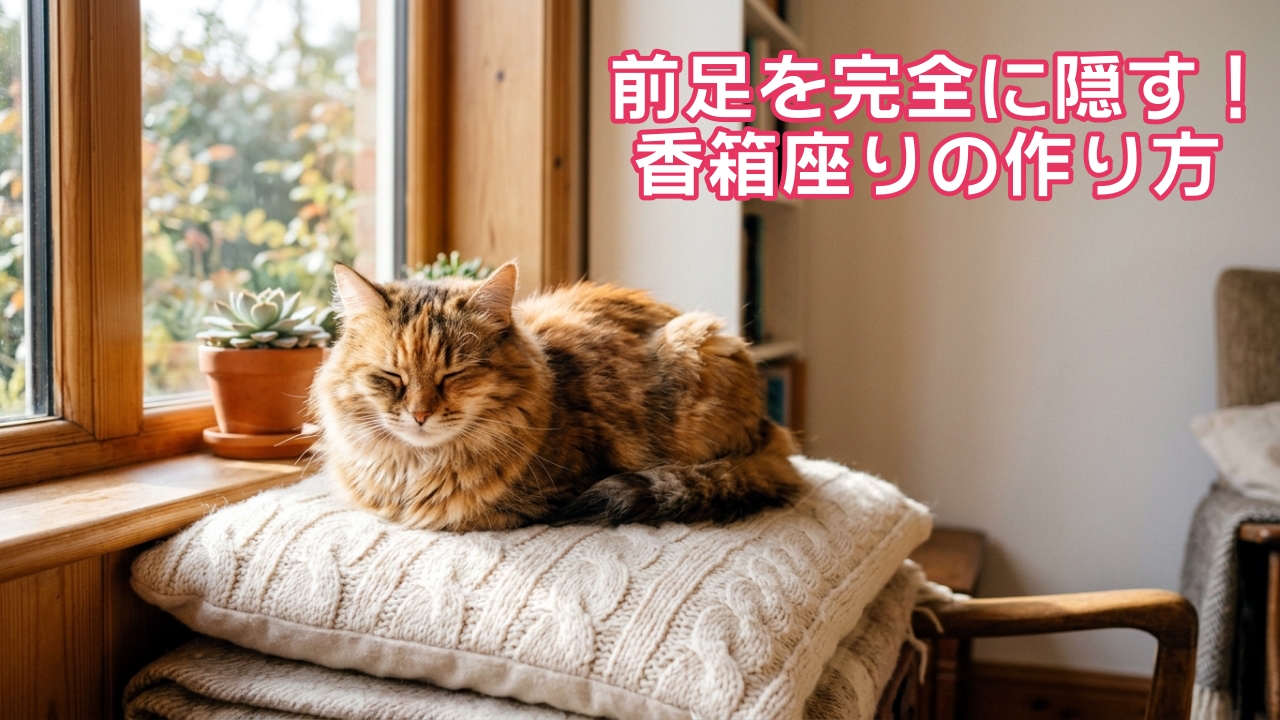 「日差しを浴びて、完璧な『猫団子』完成！フワフワな香箱座りに癒やされる〜💕」A photograph of a fluffy ginger tabby longhair cat sitting in a perfect "cat loaf" pose on a white cable-knit cushion by a sunny window. Its paws are completely hidden under its body. The cat is relaxing with its eyes closed, bathed in warm natural sunlight. A cozy room interior with potted succulents on the windowsill and negative space on the right side of the frame. 日当たりの良い窓辺にあるケーブル編みの白いニットクッションの上で、完全に足を体の下に隠して完璧な「香箱座り」をしている、フワフワした茶トラの長毛猫。猫は目を閉じて暖かく柔らかい自然光を浴びながらリラックスしている。窓辺には多肉植物の鉢植えがあり、右側には白い壁の余白（ネガティブスペース）がある、居心地の良い部屋の風景