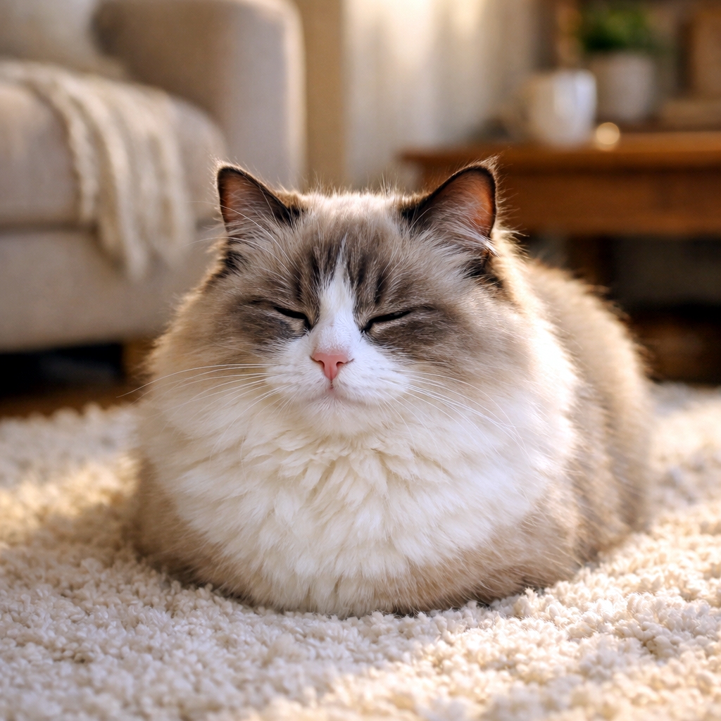 「完璧な香箱座りでおやすみ中💤 暖かい朝の光と、フワフワなラグドール風の猫ちゃんに心から癒やされます✨」A photorealistic close-up of a fluffy cat, resembling a Ragdoll, sitting in a perfect "cat loaf" position on a textured white rug in a cozy living room. Its front paws are completely tucked under its body. The cat has its eyes closed with a peaceful expression, illuminated by warm morning sunlight. The background features a softly blurred sofa and wooden table.　暖かい朝の光が差し込むリビングルームで、白いモコモコとしたラグの上に座る、ラグドールのようなフワフワの猫のクローズアップ写真。前足は体の下に完全に隠れて完璧な「香箱座り」をしている。目を閉じて穏やかな表情を浮かべており、背景にはソファや木製のテーブルが柔らかくボケて写っている